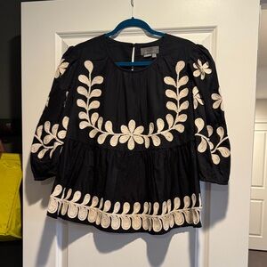 Anthropologie Black Blouse with Cream Floral Embroidery
